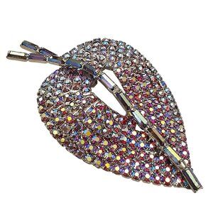 Red AB Rhinestone Wavy Leaf Brooch Stem Open Pin C694